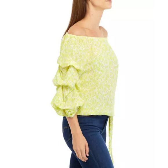Vince Camuto Women's Yellow Geo Print Off the Shoulder Cha Cha Blouse Medium - Picture 2 of 10